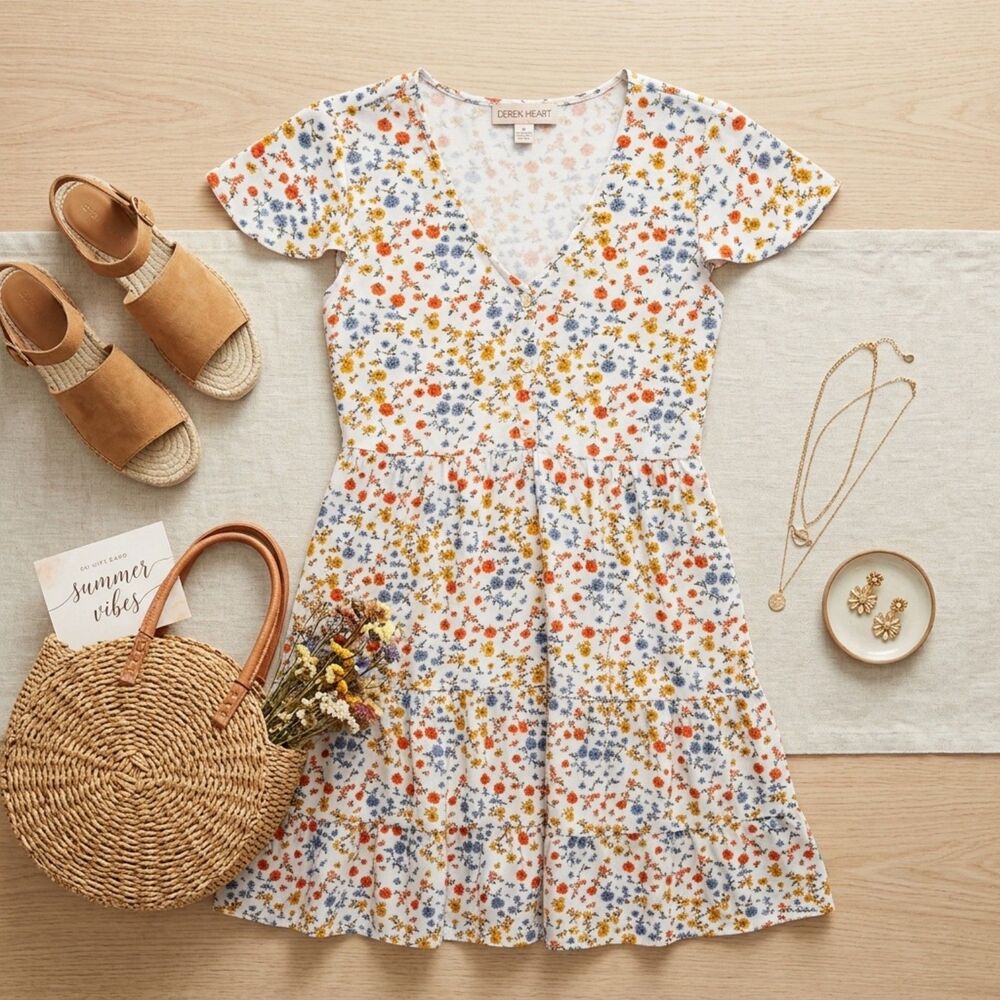 Derek Heart Floral Mini Dress V Neck Button Front Cottagecore Boho